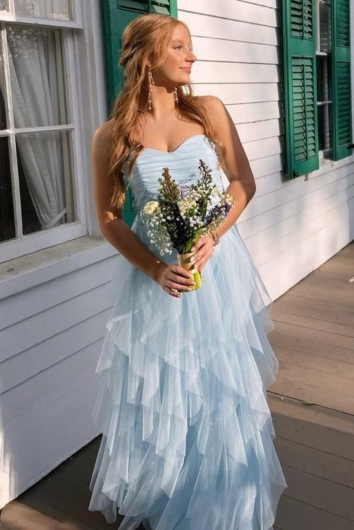 Tulle A-Line Sweetheart Strapless Tiered Party Prom Dress