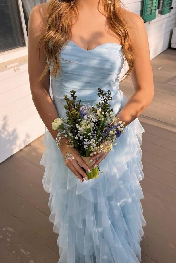 Tulle A-Line Sweetheart Strapless Tiered Party Prom Dress
