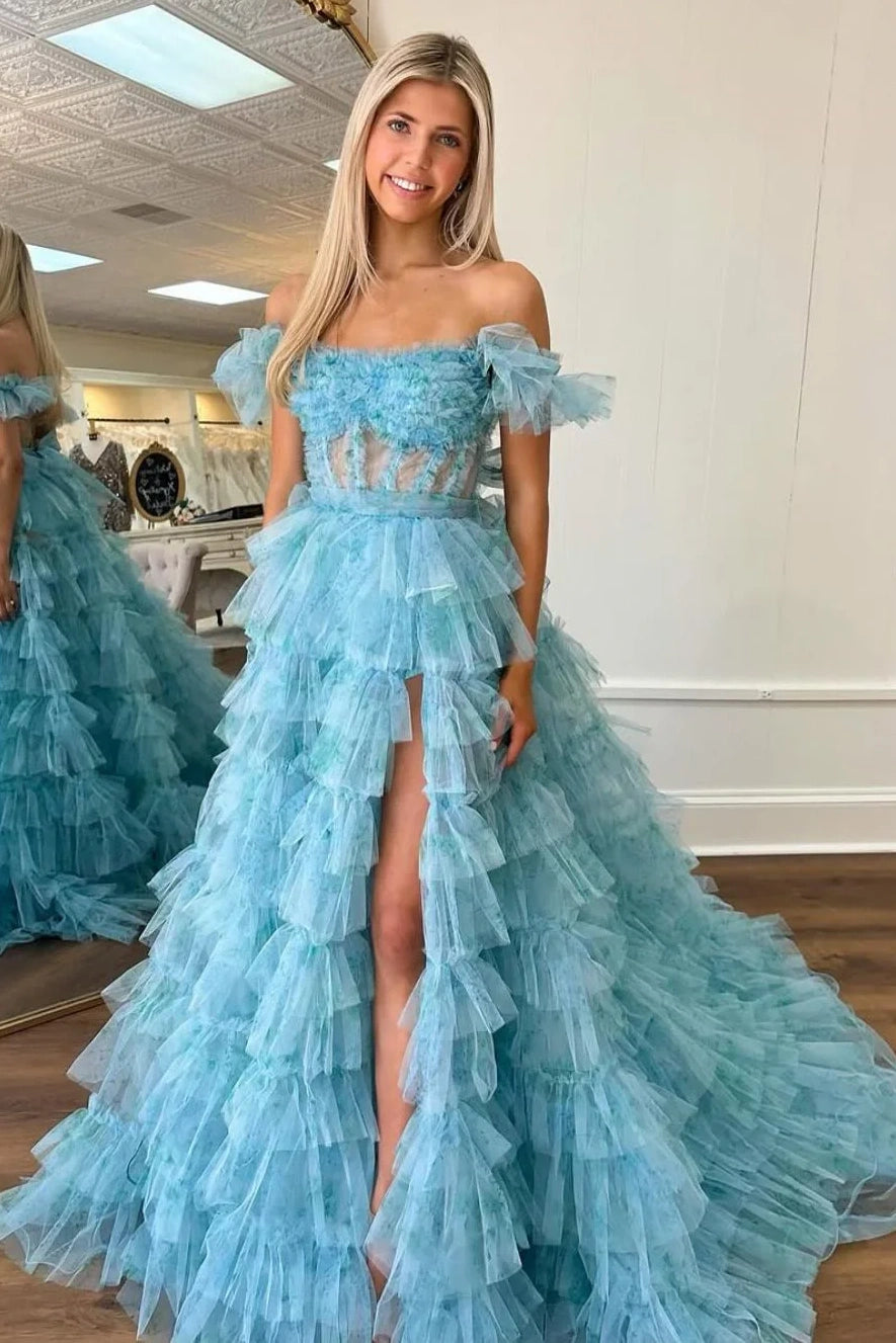 Tulle A-Line Tiered Empire Off-Shoulder Party Prom Dress