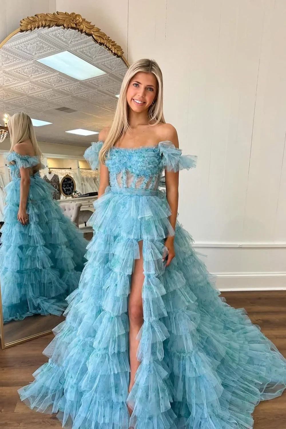 Tulle A-Line Tiered Empire Off-Shoulder Party Prom Dress