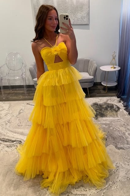 Tulle A-Line Tiered Halter Modest Long Party Prom Dress