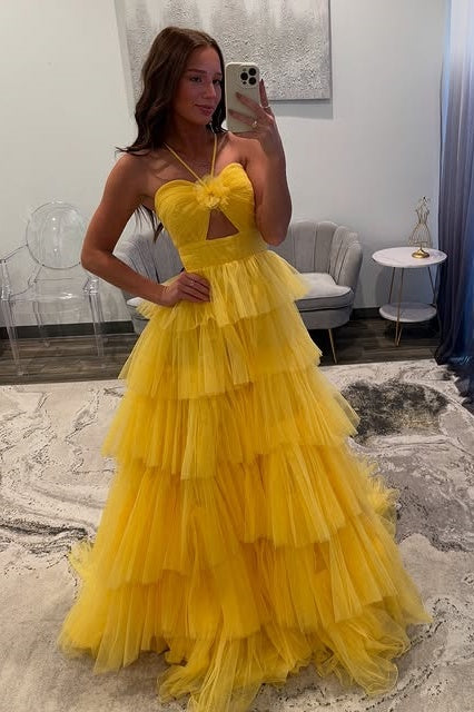 Tulle A-Line Tiered Halter Modest Long Party Prom Dress