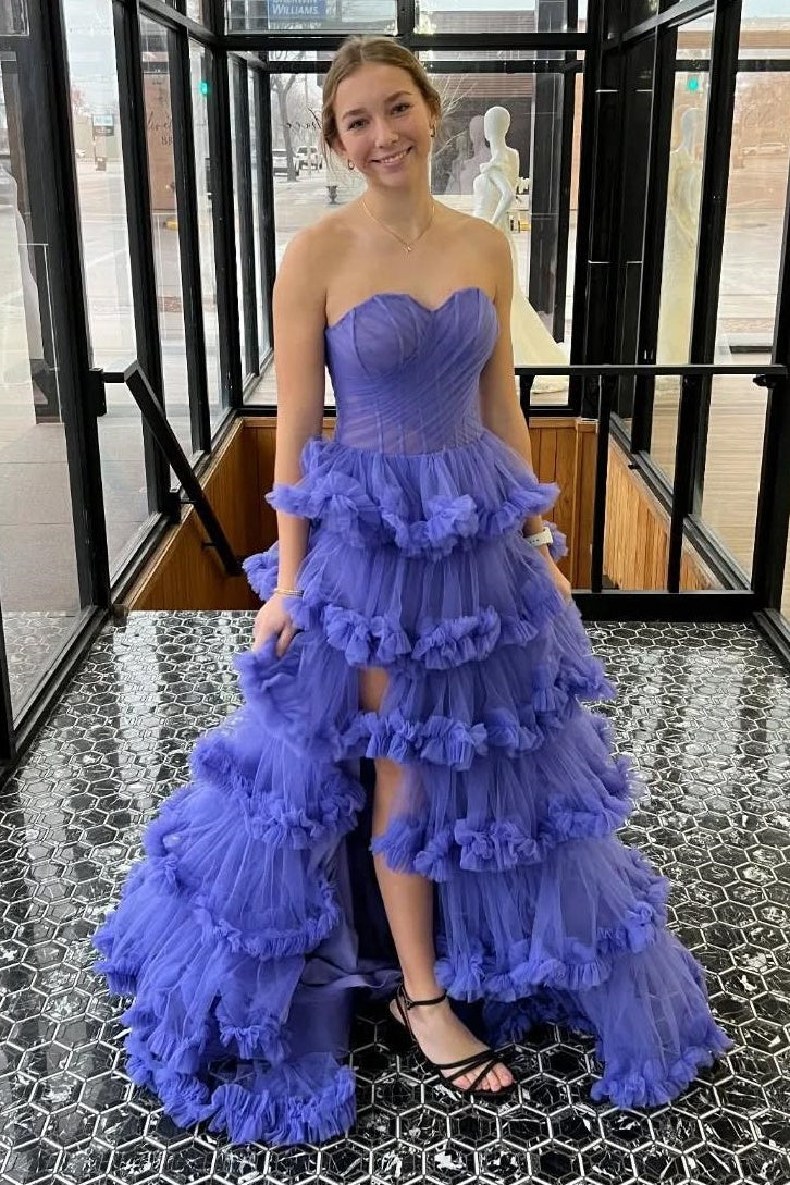 Tulle A-Line Tiered Sweetheart Strapless Party Prom Dress