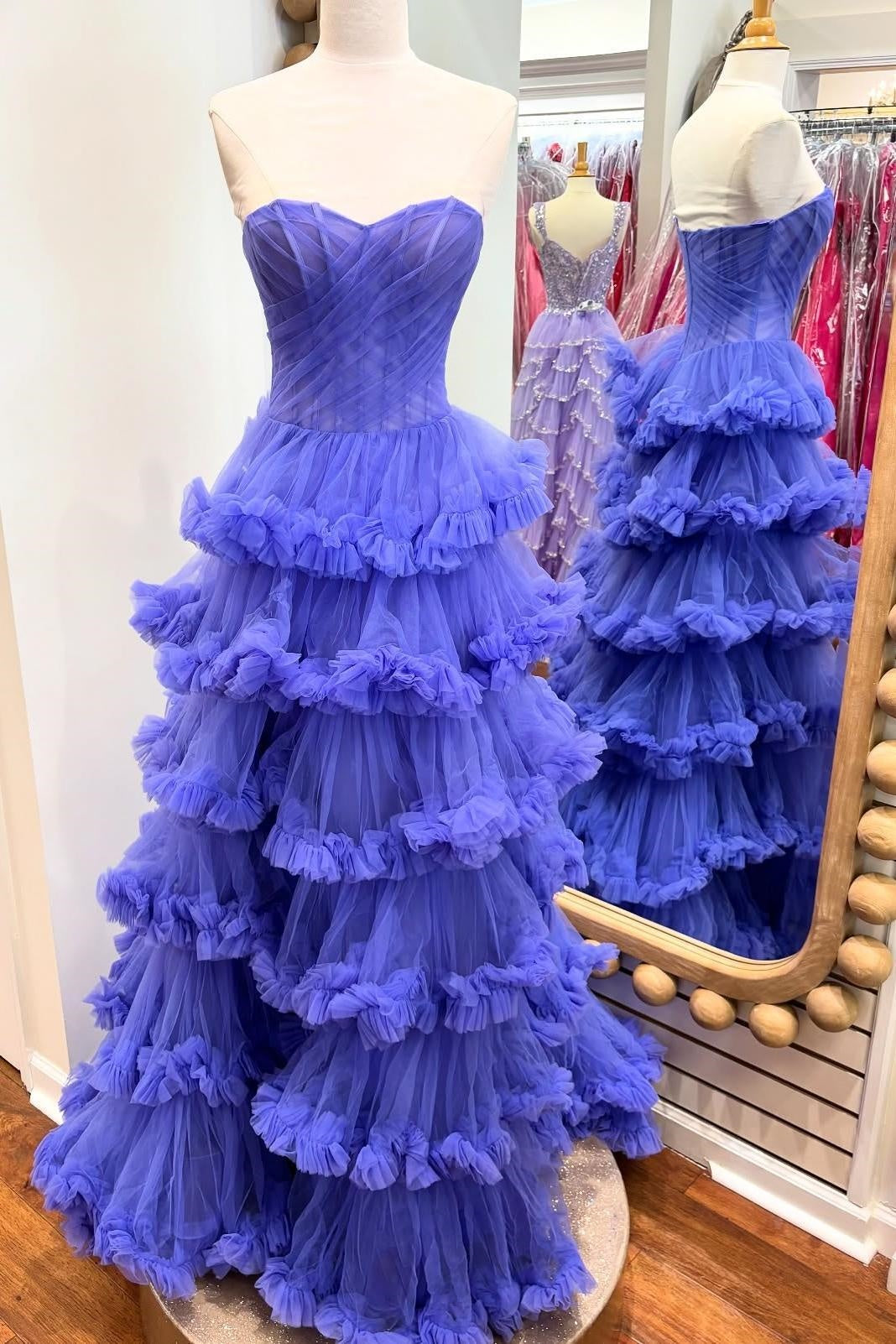 Tulle A-Line Tiered Sweetheart Strapless Party Prom Dress