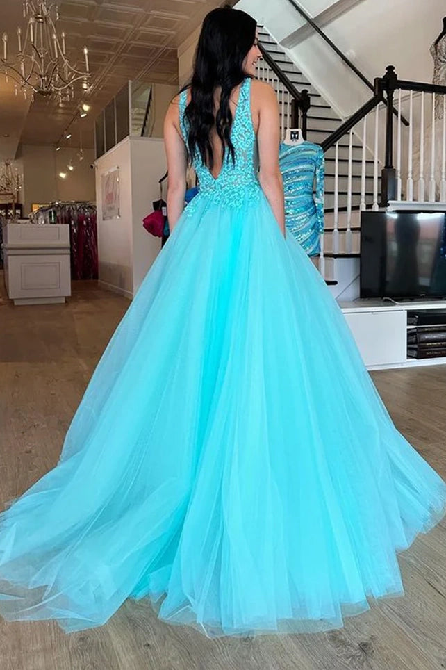 Tulle A-Line V-Neck Backless Appliques Prom Dress