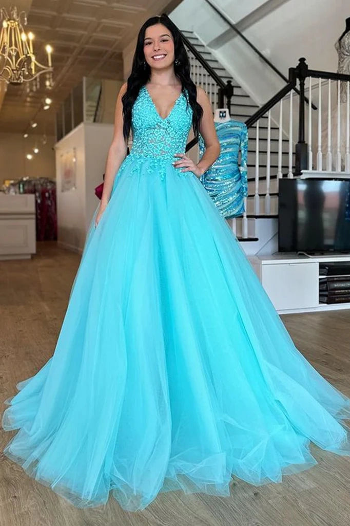 Tulle A-Line V-Neck Backless Appliques Prom Dress