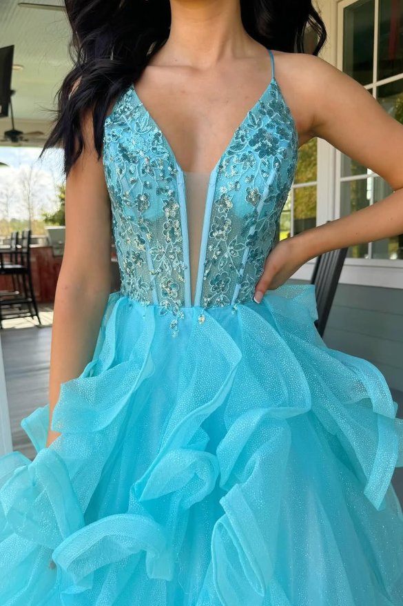 Tulle A-Line V-Neck Sleeveless Appliques Tiered Party Prom Dress