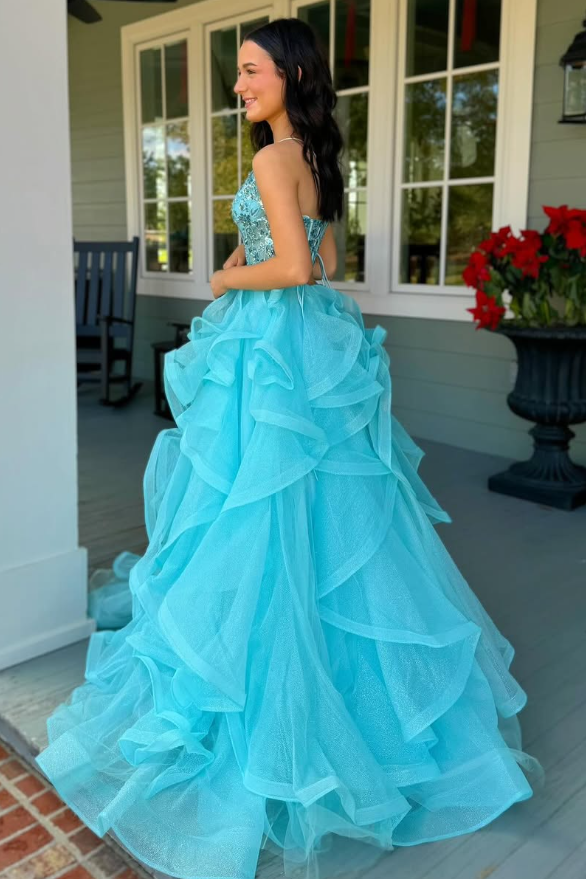 Tulle A-Line V-Neck Sleeveless Appliques Tiered Party Prom Dress