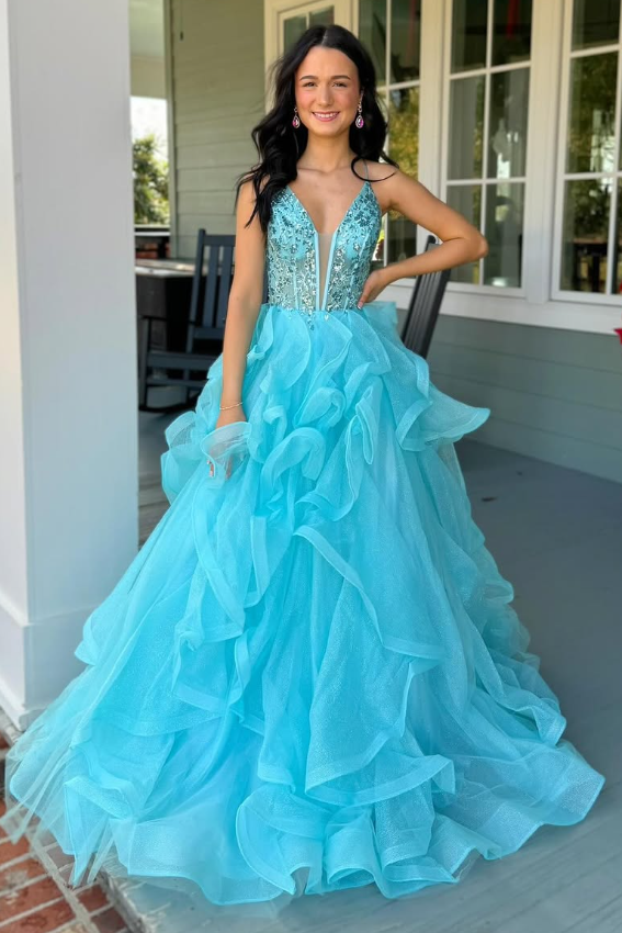 Tulle A-Line V-Neck Sleeveless Appliques Tiered Party Prom Dress