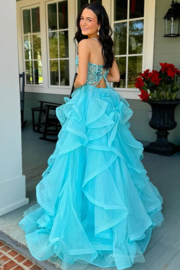 Tulle A-Line V-Neck Sleeveless Appliques Tiered Party Prom Dress
