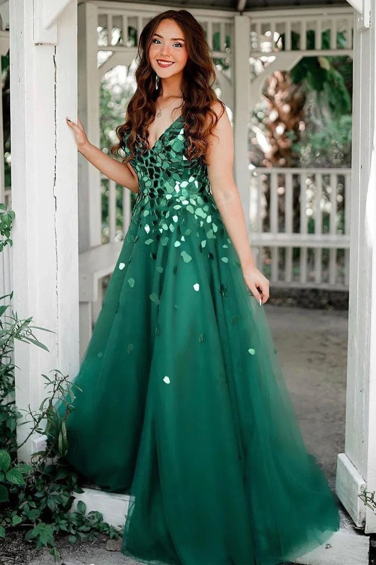 Tulle A-Line V-Neck Sleeveless Beaded Party Prom Dress With Slit