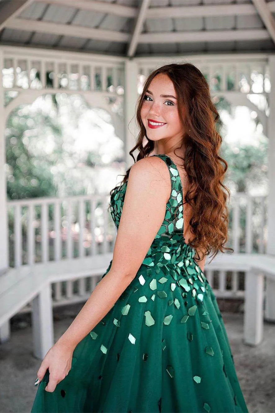 Tulle A-Line V-Neck Sleeveless Beaded Party Prom Dress With Slit
