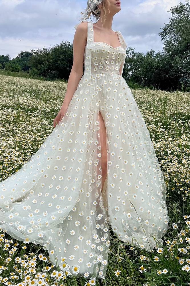 Tulle A-line Sweetheart Sleeveless Floral Prom Party Dress