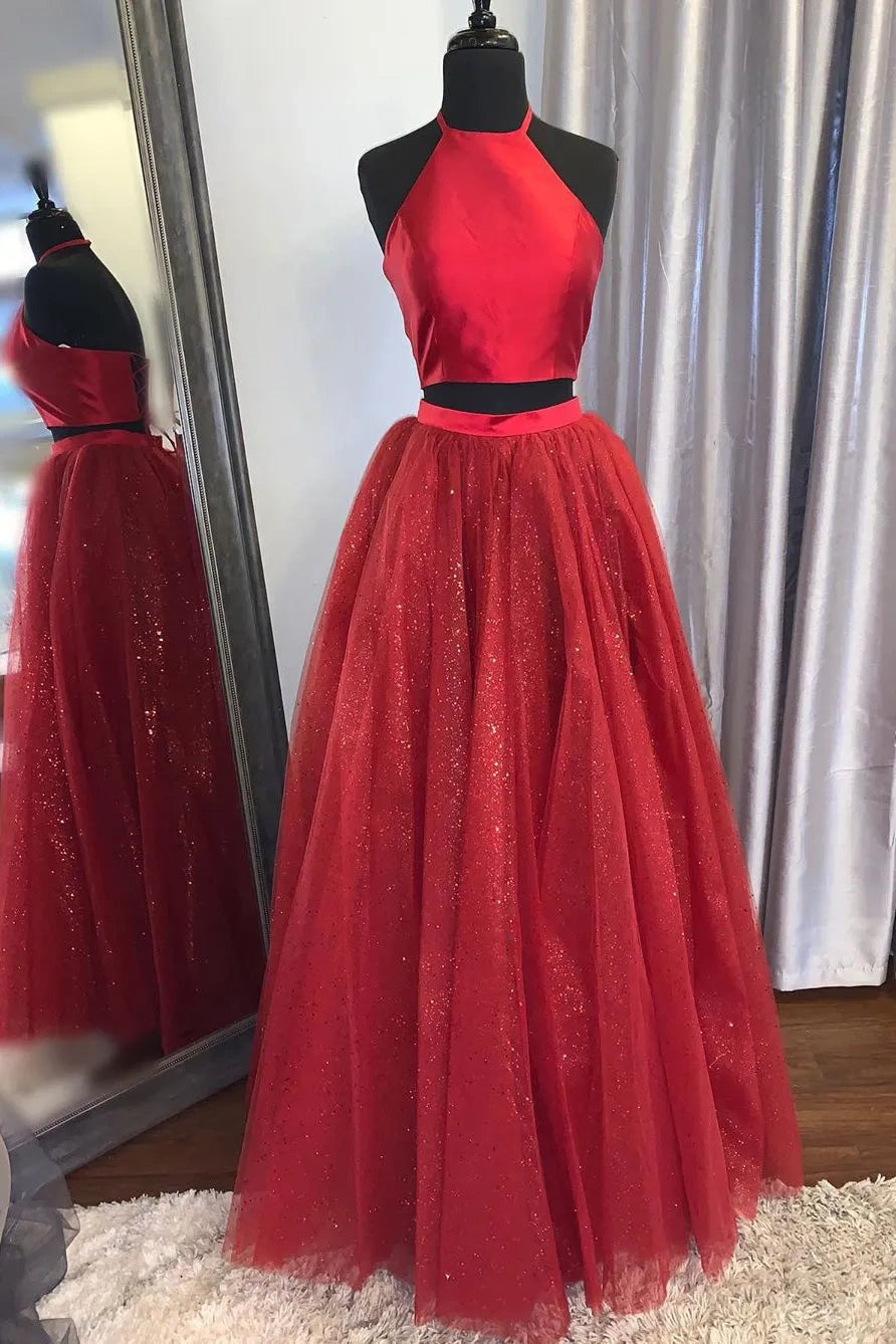 Two Piece High Neck Sleeveless A-Line Prom Dress Movousdress Two Piece High Neck Sleeveless A-Line Prom Dress Movousdress