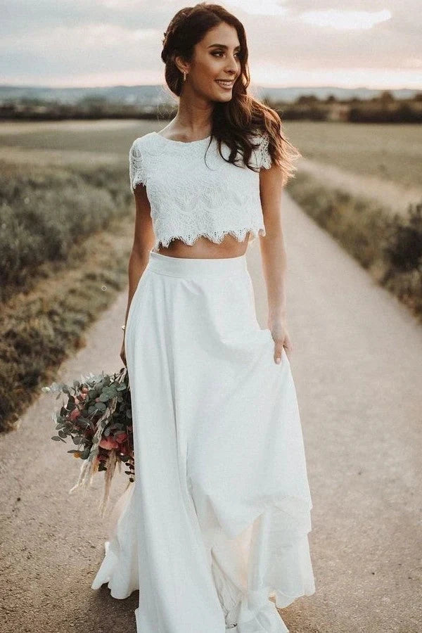 Two Piece Scoop Short Sleeves A-Line Long Boho Wedding Dress