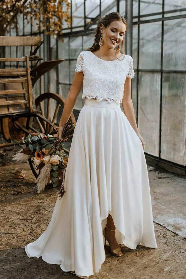 Two Piece Scoop Short Sleeves A-Line Long Boho Wedding Dress