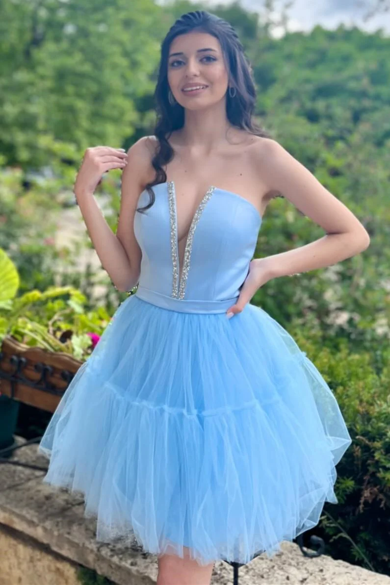 Two Tone A-Line Strapless Beaded Casual Homecoming Dress