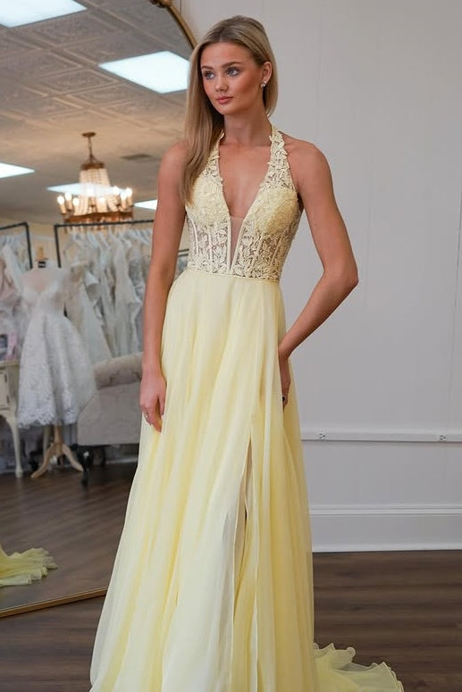 Two Tone A-Line V-Neck Halter Appliques Modest Party Prom Dress
