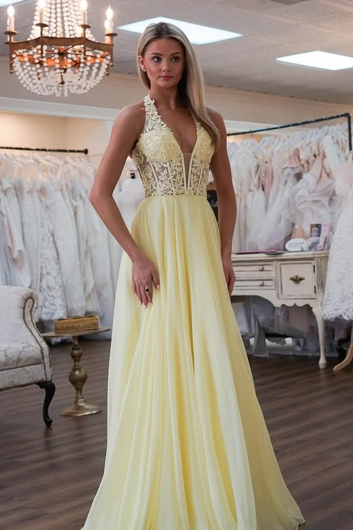 Two Tone A-Line V-Neck Halter Appliques Modest Party Prom Dress