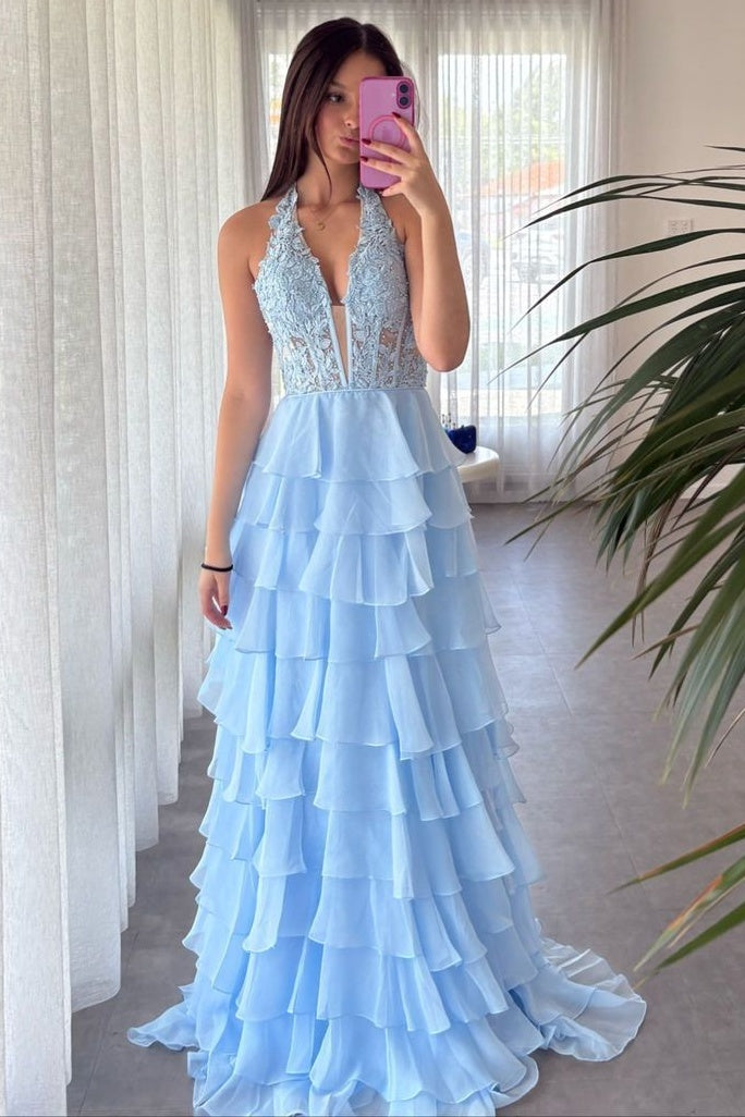 Two Tone V-Neck Halter Sleeveless Tiered Appliques Party Prom Dress