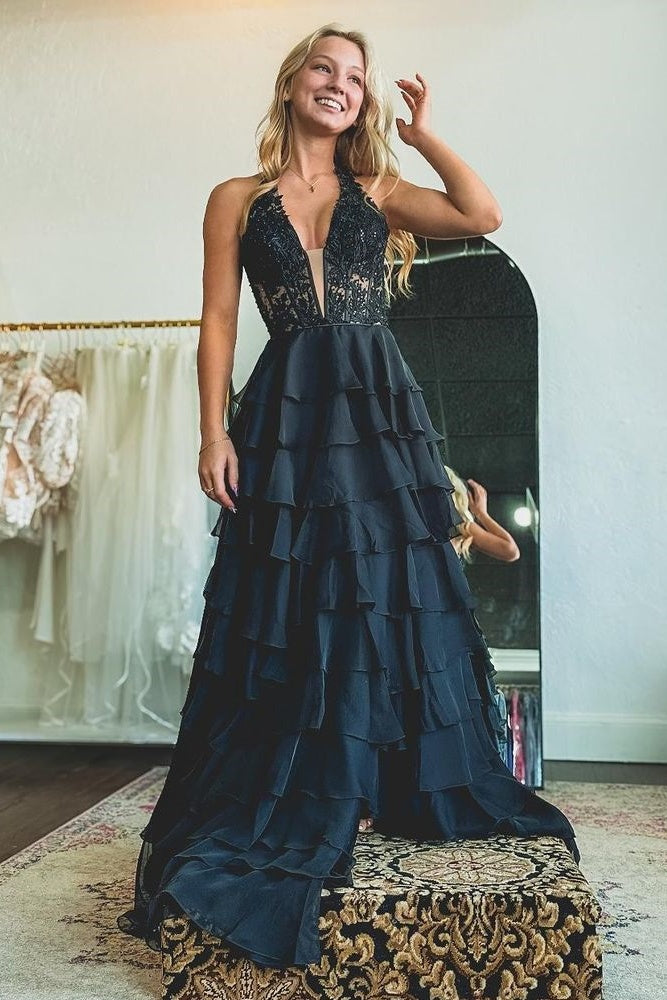 Two Tone V-Neck Halter Sleeveless Tiered Appliques Party Prom Dress