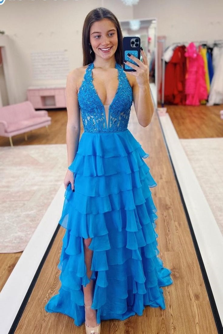 Two Tone V-Neck Halter Sleeveless Tiered Appliques Party Prom Dress