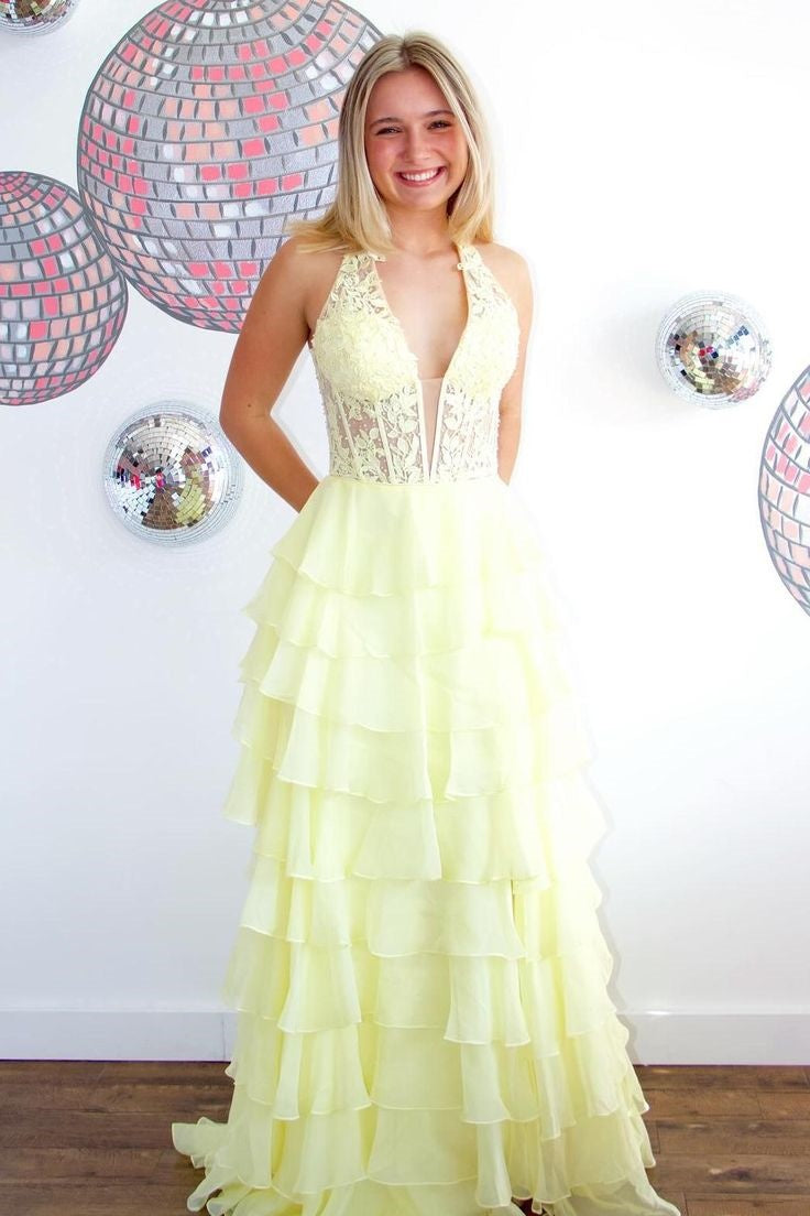 Two Tone V-Neck Halter Sleeveless Tiered Appliques Party Prom Dress