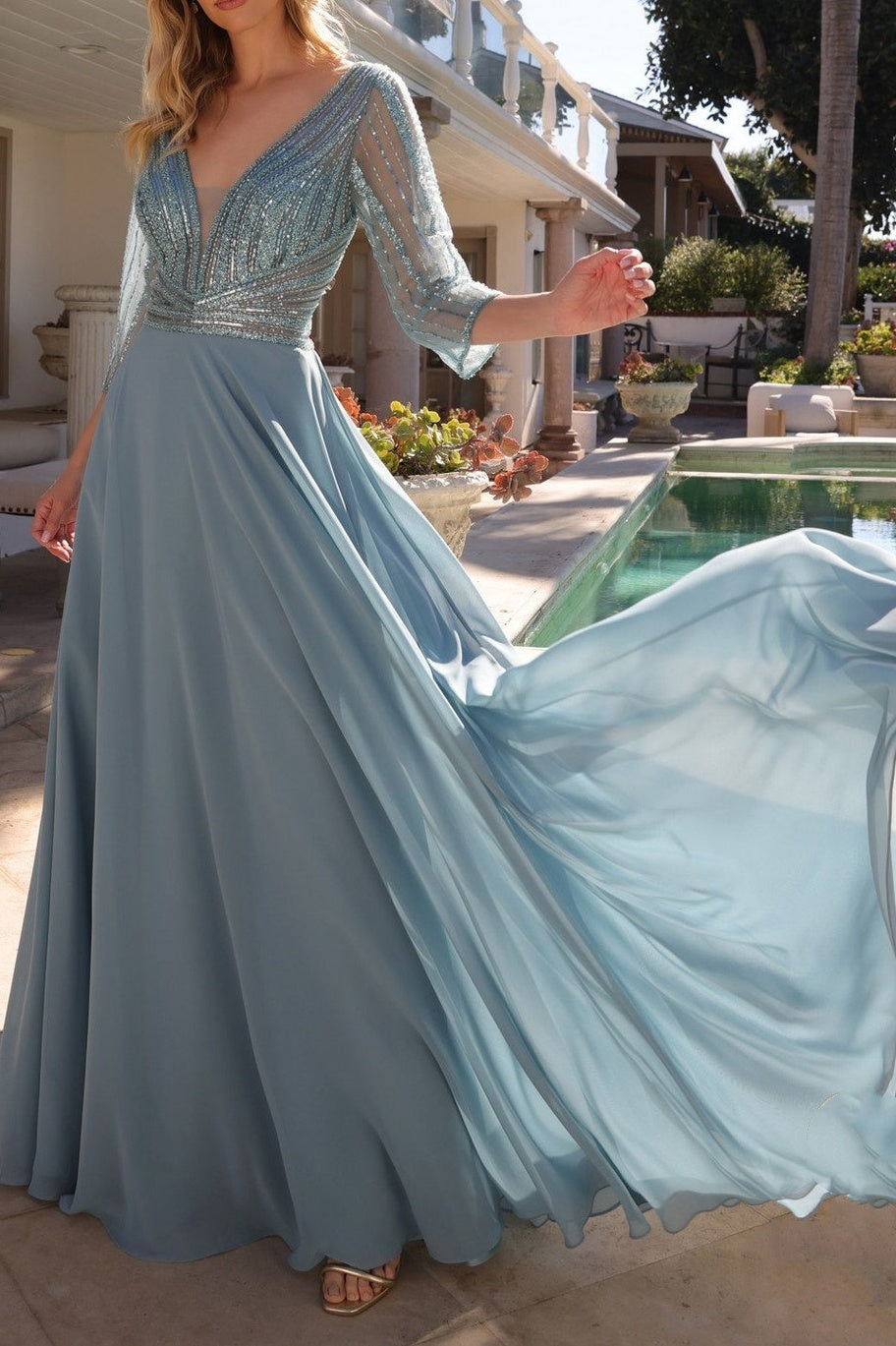 Two Tone V-Neck Quarter Sleeves Sequins Mother Of Brides Dress
