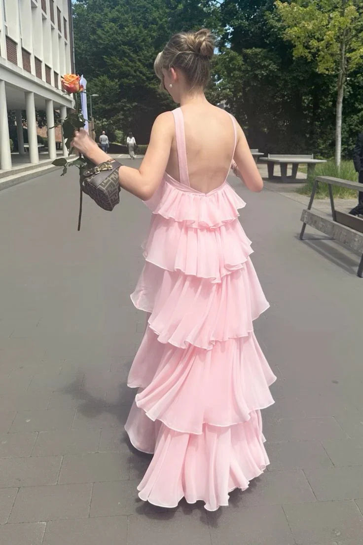 V-Neck Backless A-Line Tiered Pink Party Prom Dress