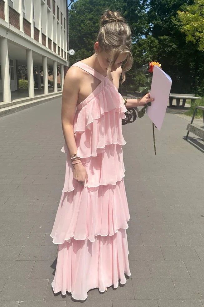 V-Neck Backless A-Line Tiered Pink Party Prom Dress