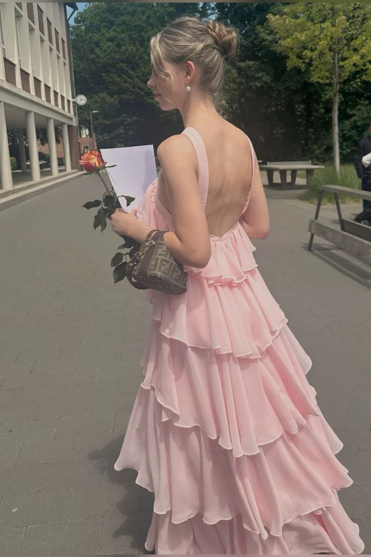 V-Neck Backless A-Line Tiered Pink Party Prom Dress