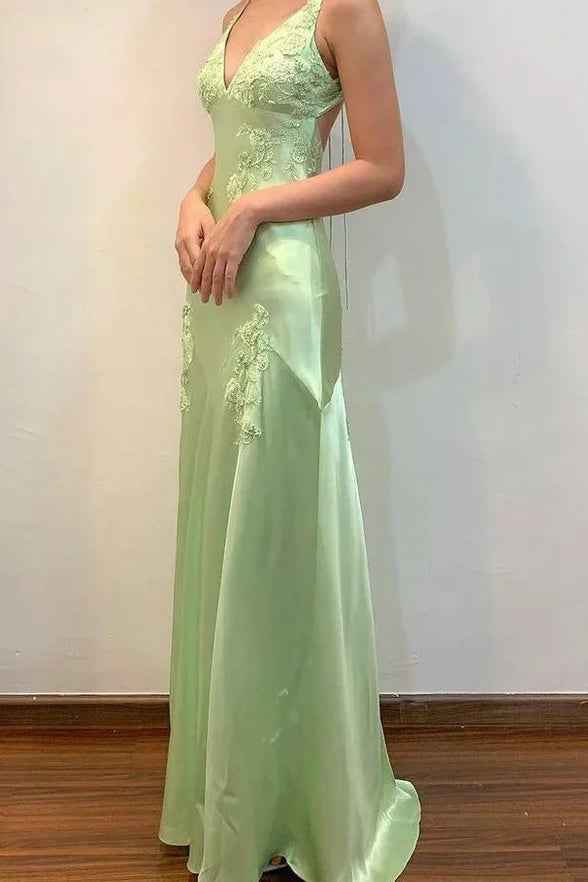 V-Neck Backless Appliques A-Line Party Prom Dress
