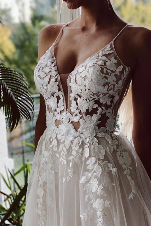 V-Neck Backless Appliques Tulle A-Line Wedding Dress