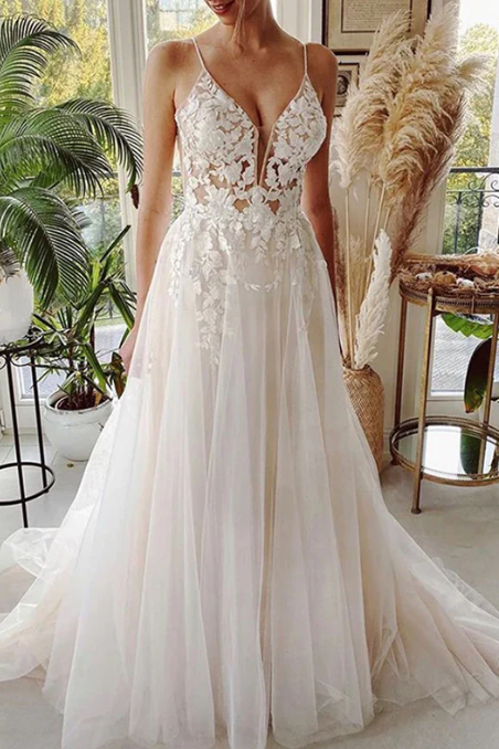 V-Neck Backless Appliques Tulle A-Line Wedding Dress