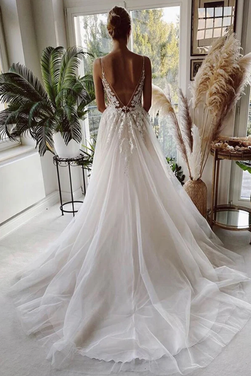 V-Neck Backless Appliques Tulle A-Line Wedding Dress