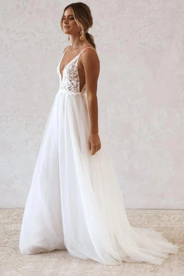 V-Neck Backless Sleeveless A-Line Tulle Summer Wedding Dress