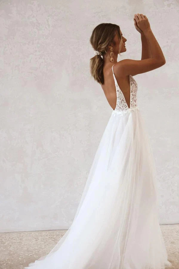 V-Neck Backless Sleeveless A-Line Tulle Summer Wedding Dress