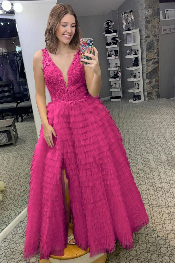V-Neck Backless Tulle A-Line Tiered Party Prom Dress