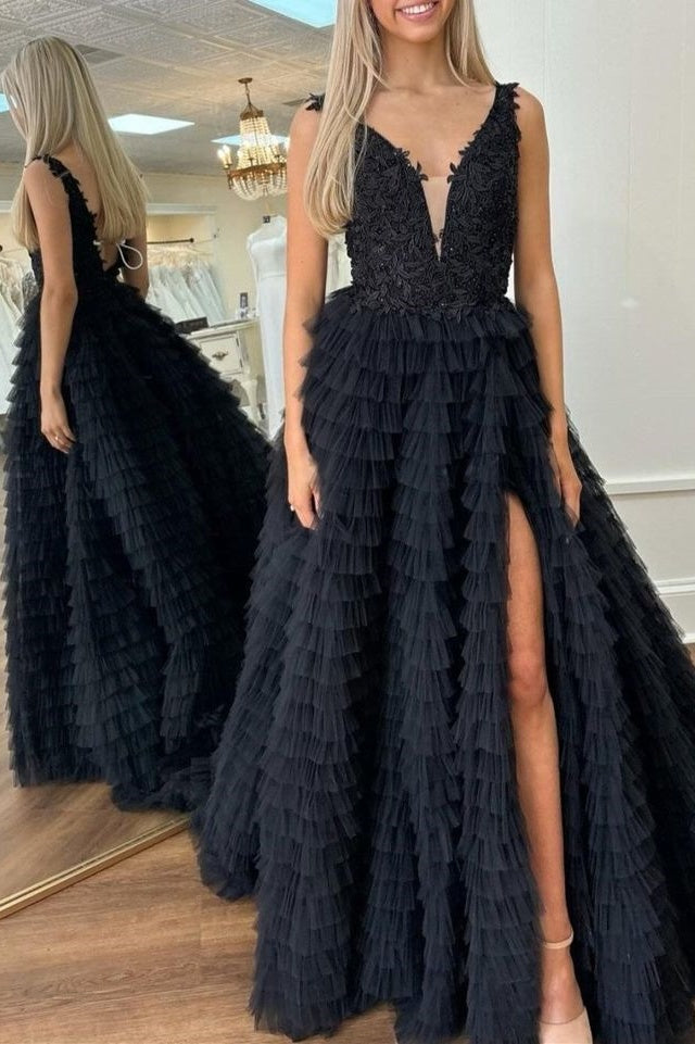 V-Neck Backless Tulle A-Line Tiered Party Prom Dress