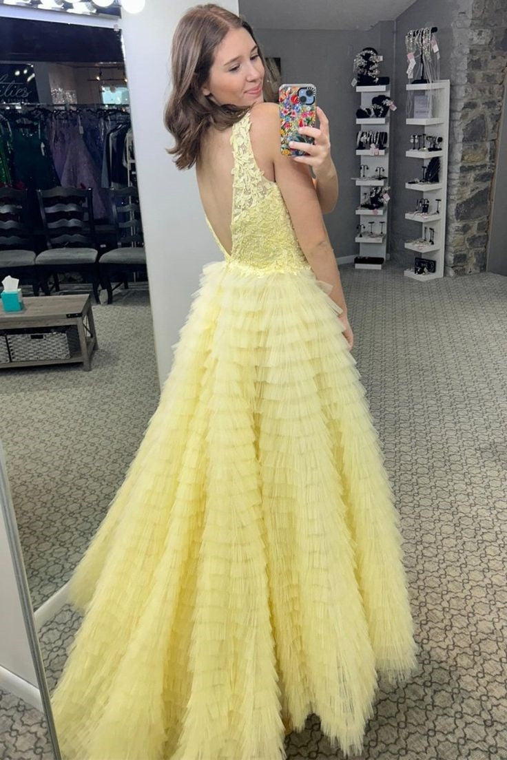 V-Neck Backless Tulle A-Line Tiered Party Prom Dress