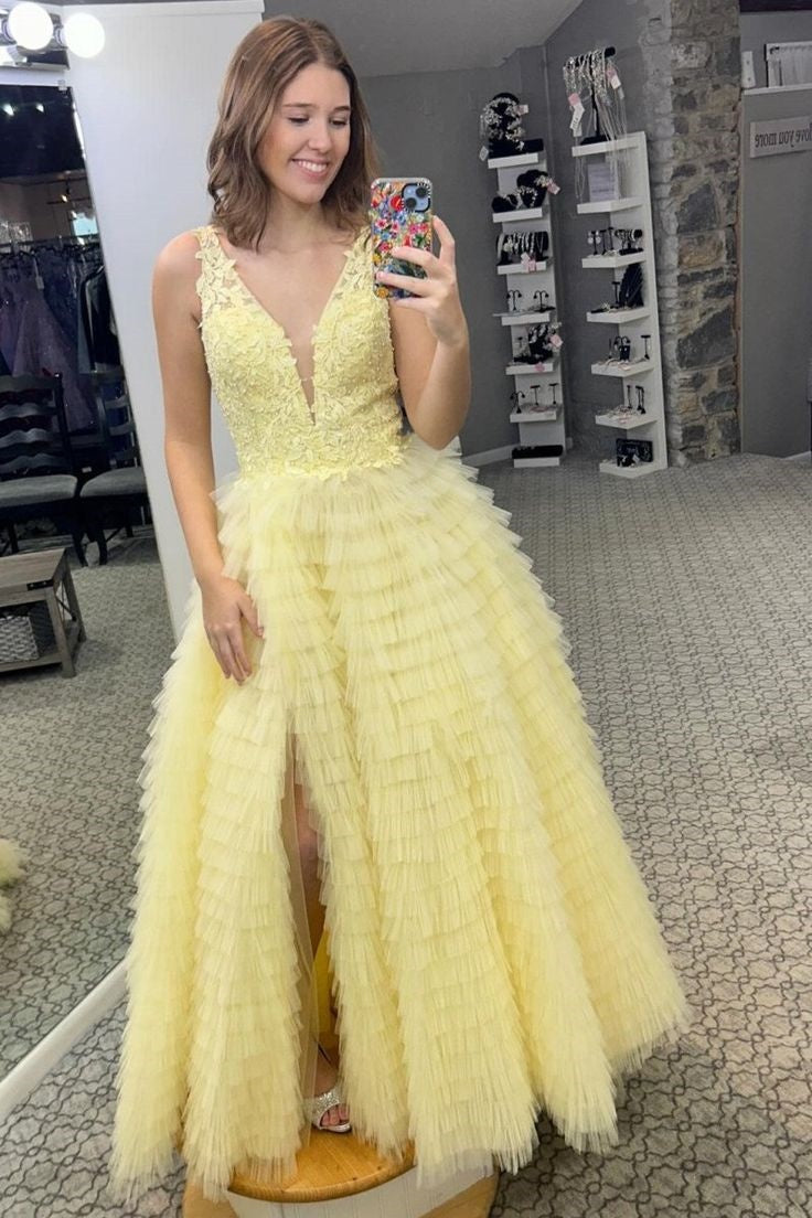 V-Neck Backless Tulle A-Line Tiered Party Prom Dress
