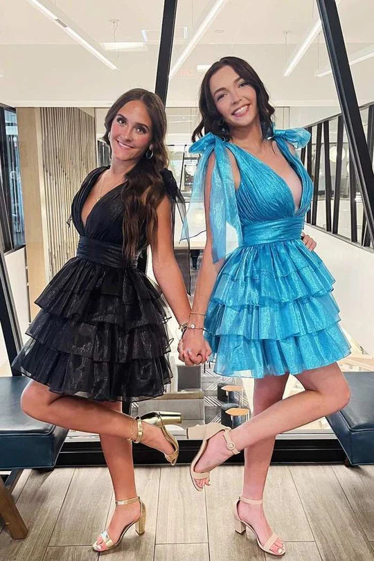 V-Neck Bow Straps Tulle A-Line Tiered Homecoming Dress