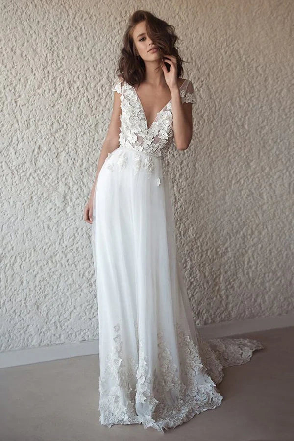 V-Neck Cap Sleeves Appliques A-Line Summer Wedding Dress