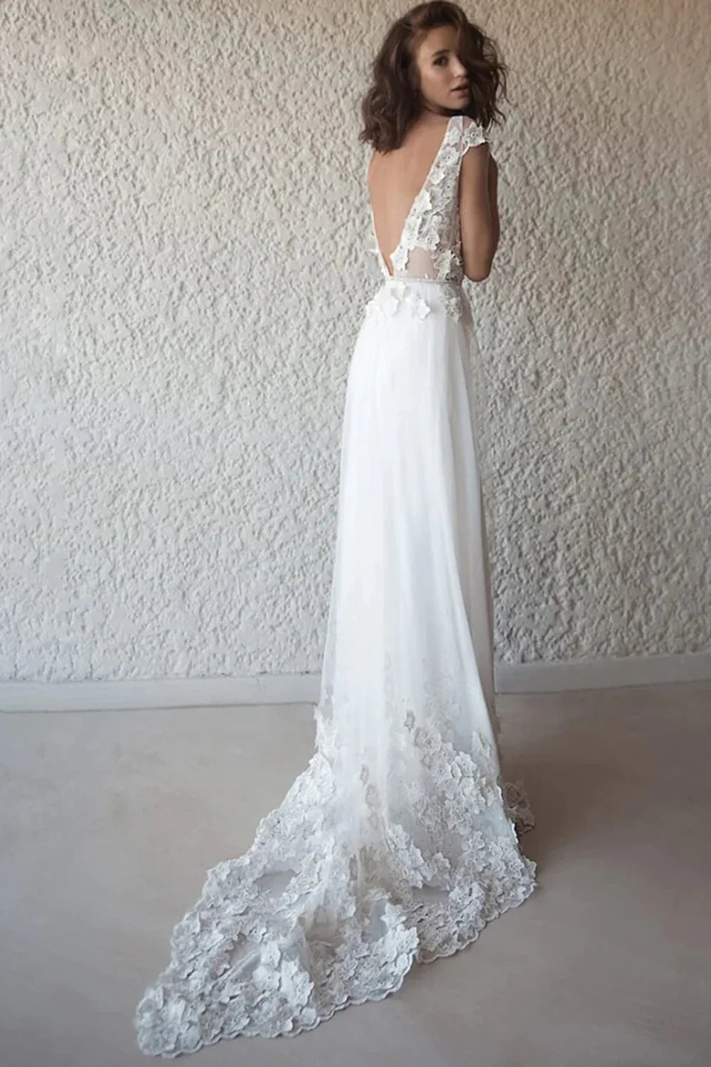 V-Neck Cap Sleeves Appliques A-Line Summer Wedding Dress