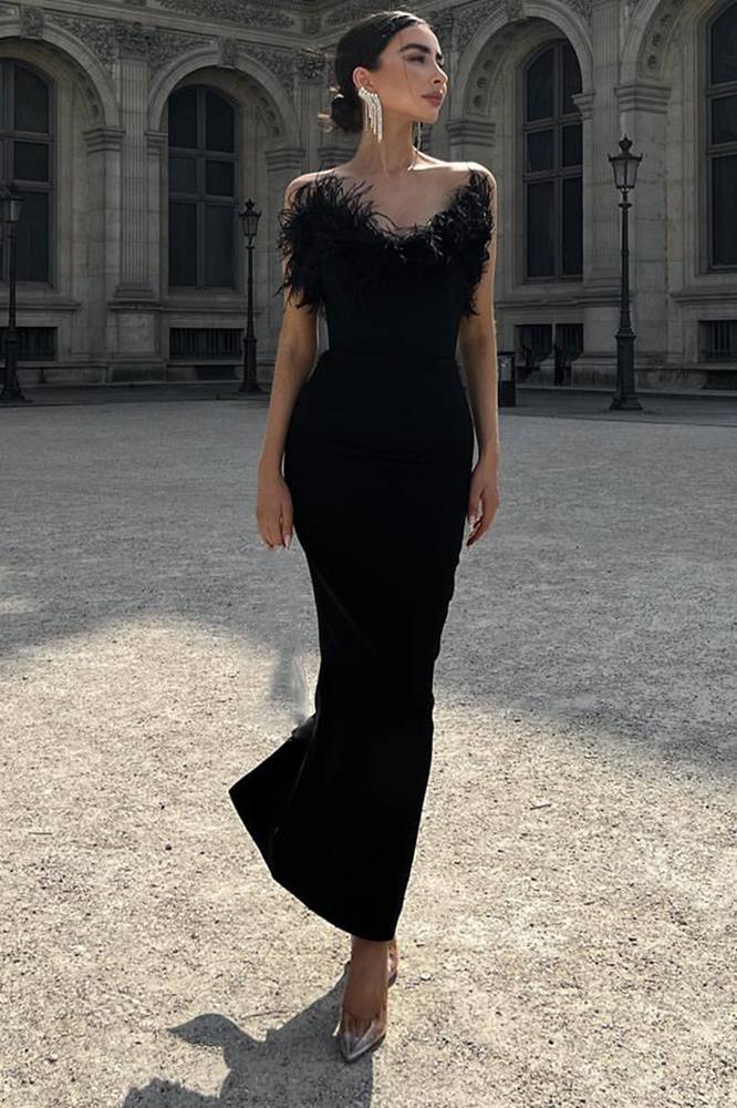 V-Neck Feathers Strapless Fitted Prom Evening Dress