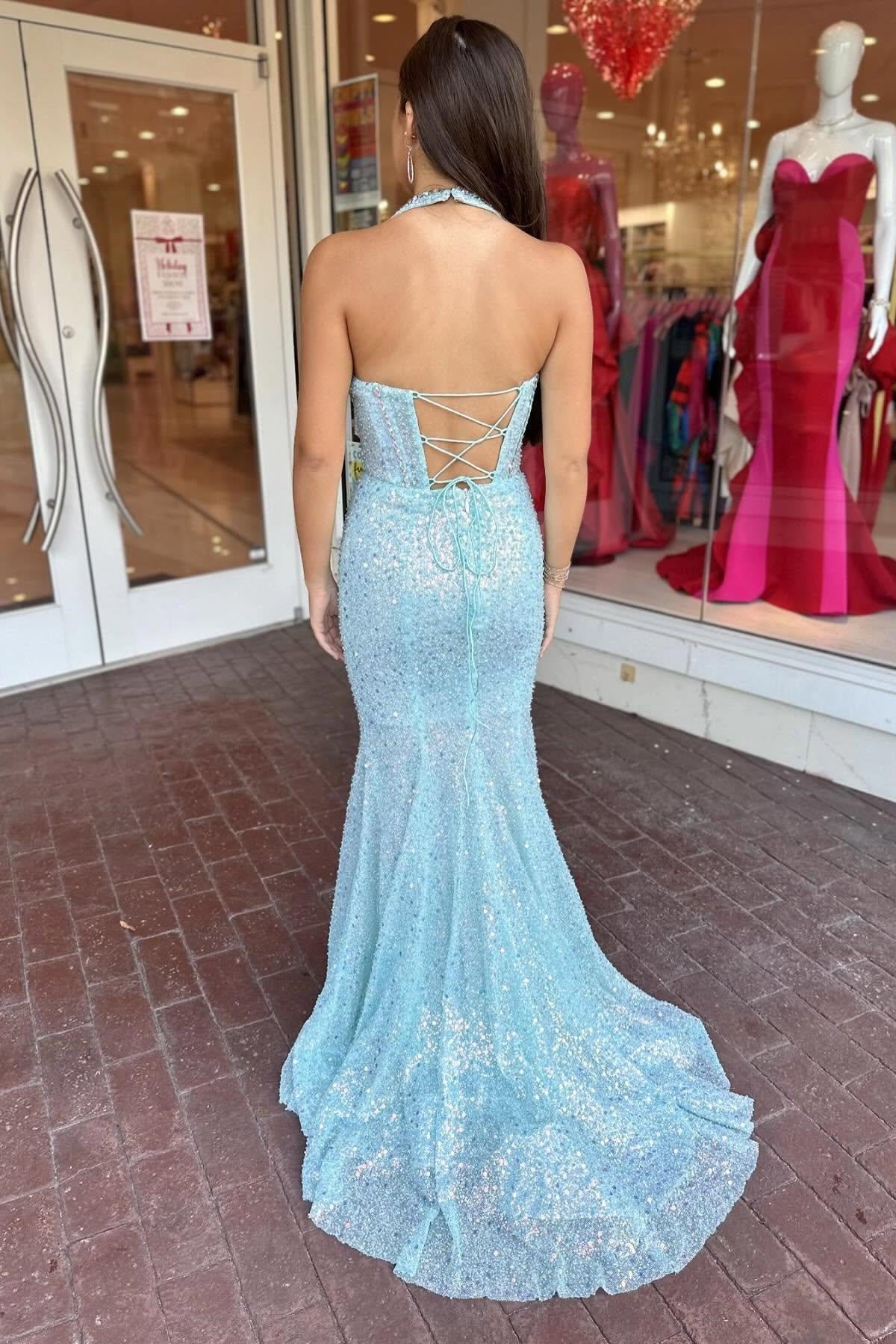 V-Neck Halter Empire Lace Up Mermaid Party Prom Dress