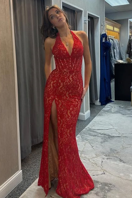 V-Neck Halter Open Back Red Lace Mermaid Party Prom Dress