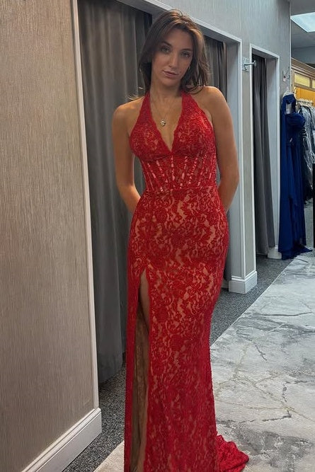 V-Neck Halter Open Back Red Lace Mermaid Party Prom Dress