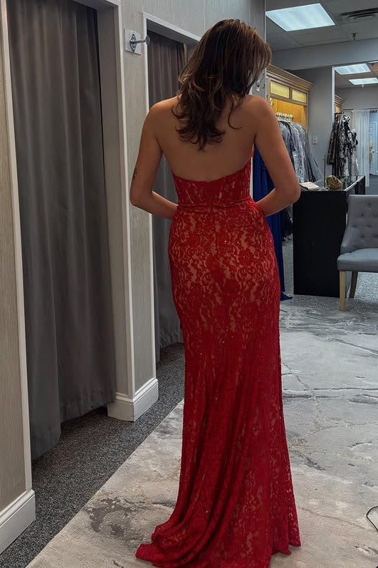 V-Neck Halter Open Back Red Lace Mermaid Party Prom Dress