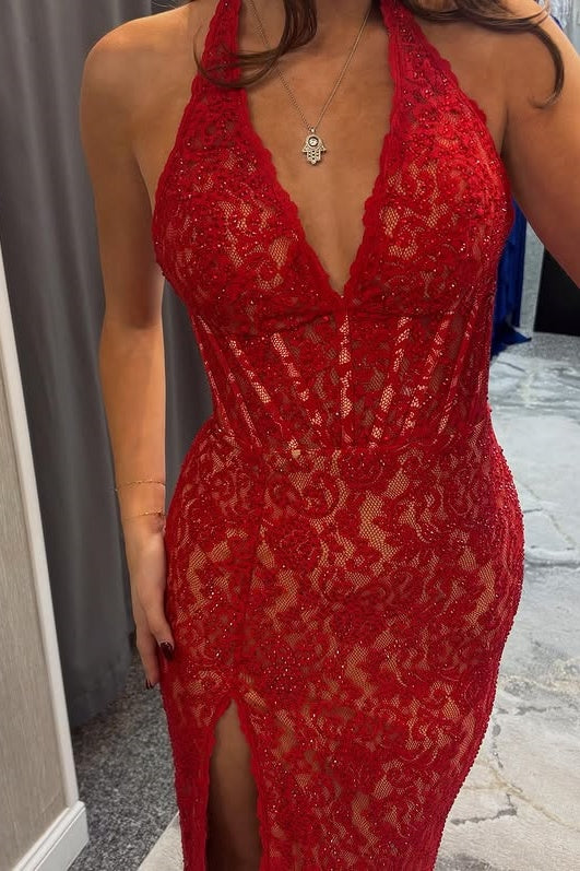 V-Neck Halter Open Back Red Lace Mermaid Party Prom Dress